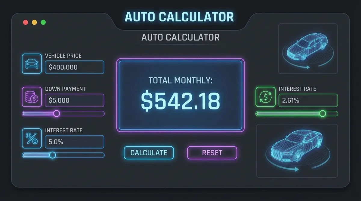 Modern auto calculator interface showing monthly payments and interest rates