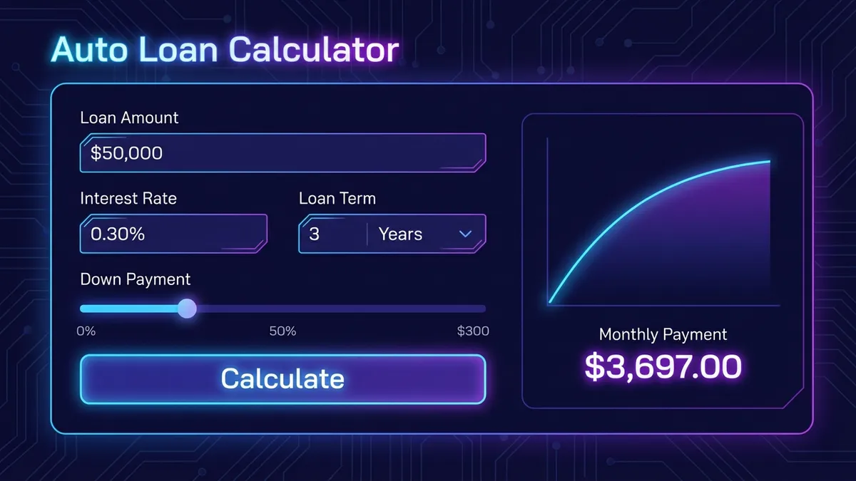 Modern dashboard interface displaying auto loan calculator google results with monthly payment and interest breakdown