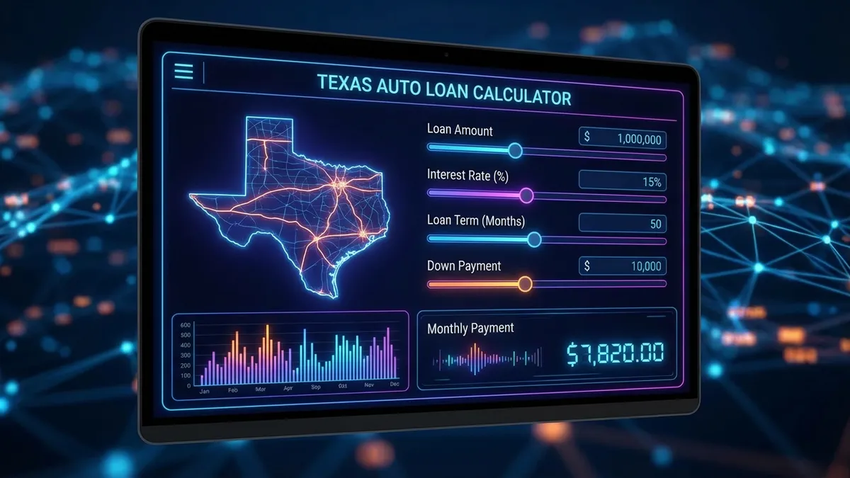 Texas Auto Loan Calculator Dashboard showing monthly payments, tax savings, and amortization schedule