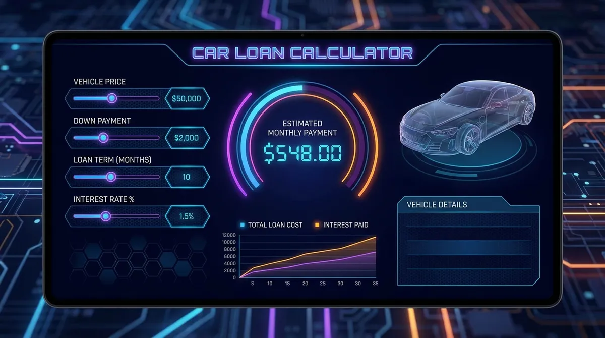 Modern car loan calculator interface showing monthly payment breakdown and interest rate analysis