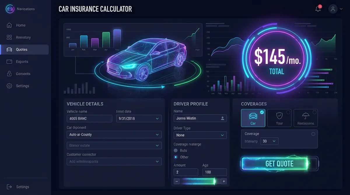Futuristic car insurance analysis interface showing risk factors and premium breakdown