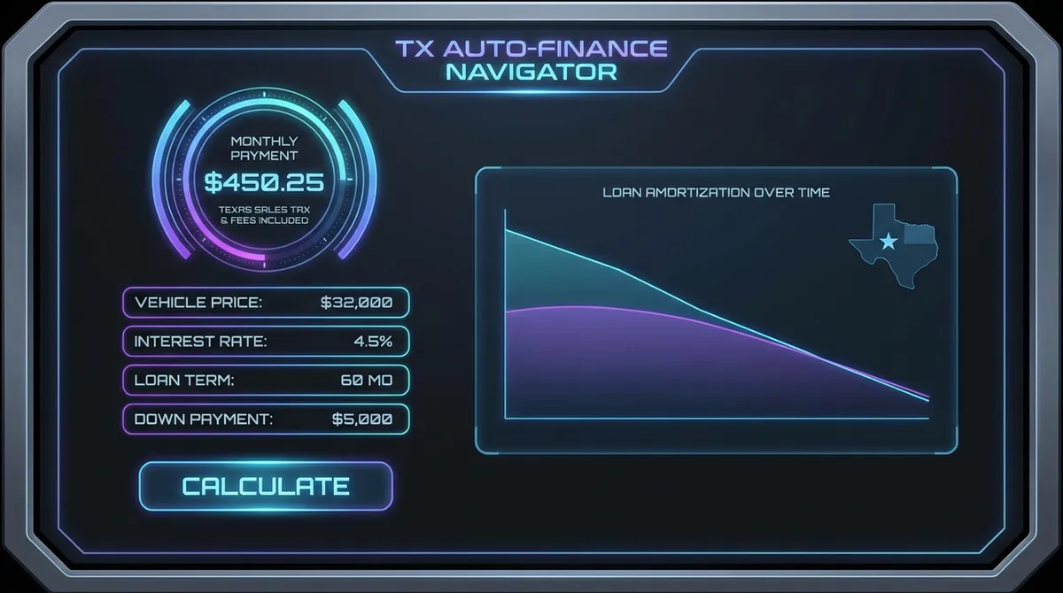 Texas Car Payment Calculator Dashboard showing 6.25% sales tax and trade-in credits