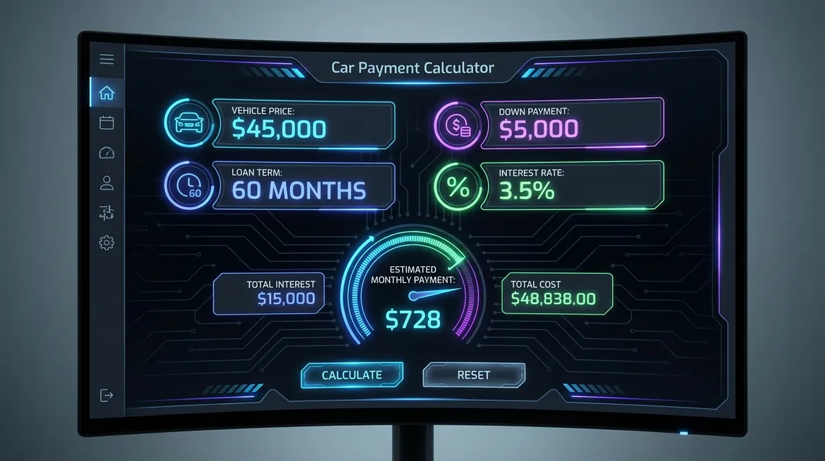 Car Payment Calculator With Down Payment Interface showing savings analysis