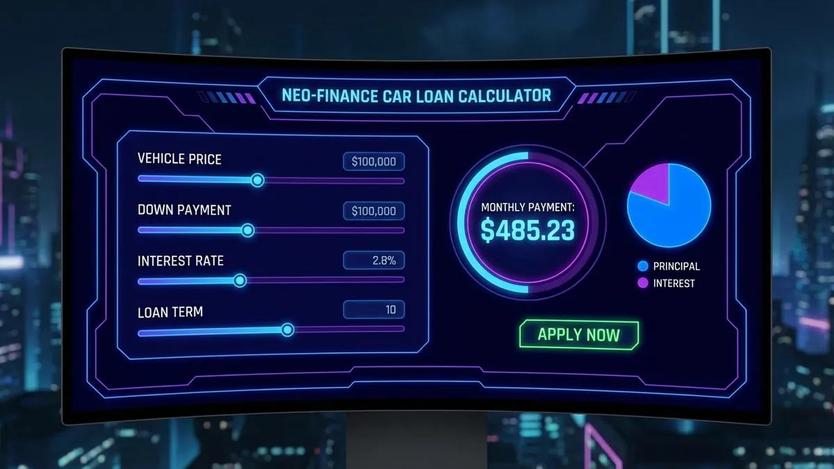 Futuristic car dashboard interface displaying loan payment breakdown with neon blue and green accents