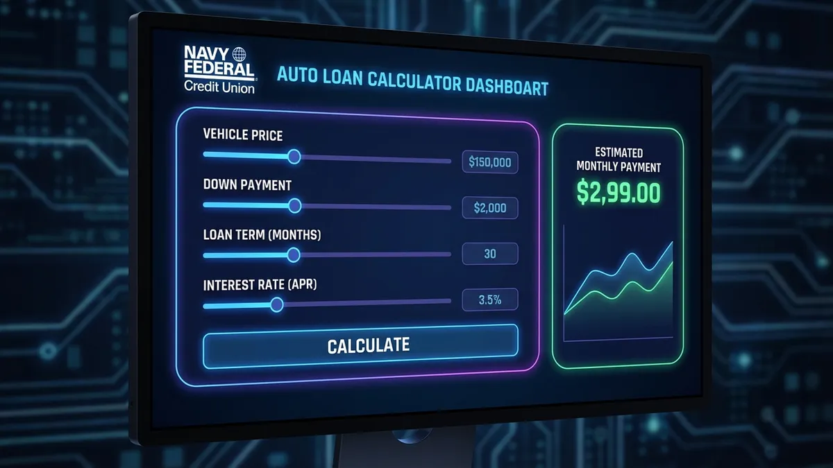 Navy Federal Auto Loan Calculator Dashboard showing monthly payments and interest rates