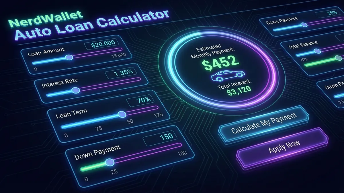 NerdWallet Style Auto Loan Calculator Interface showing monthly payments and interest rates