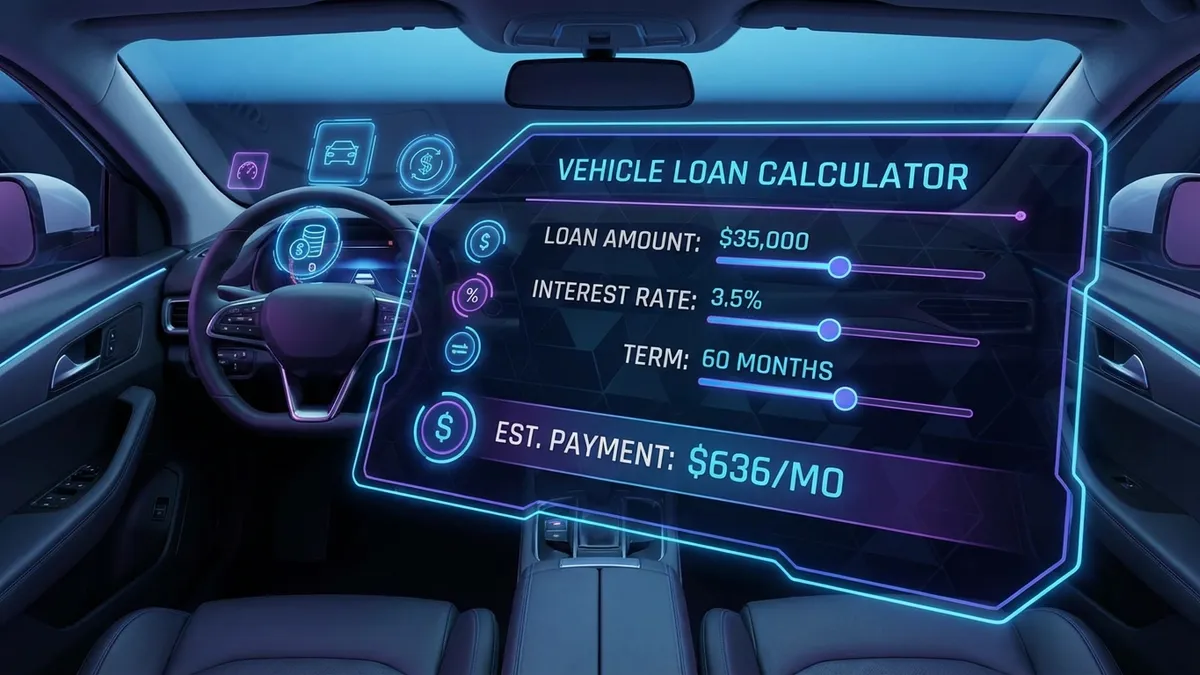 Futuristic vehicle loan calculator interface with monthly payment breakdown and car silhouette