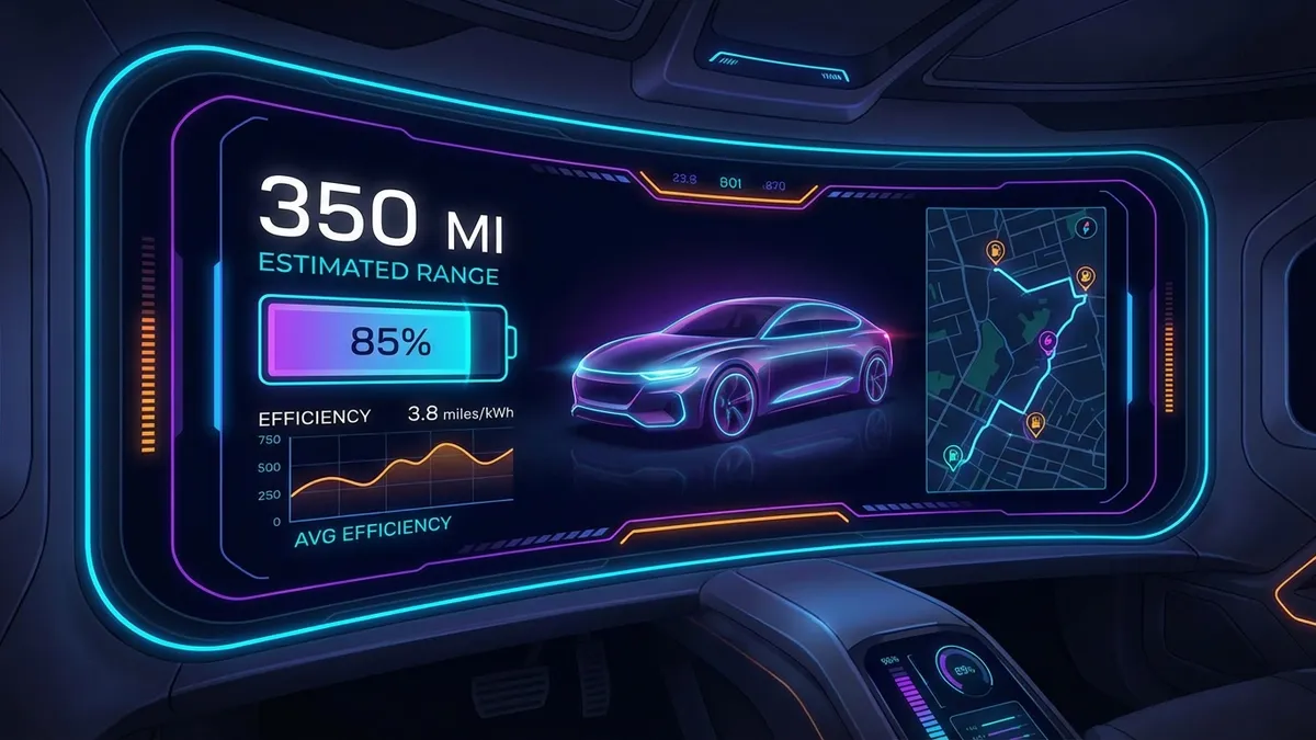 Futuristic electric vehicle EV range calculator interface, digital dashboard showing battery range and efficiency, dark mode, neon accents