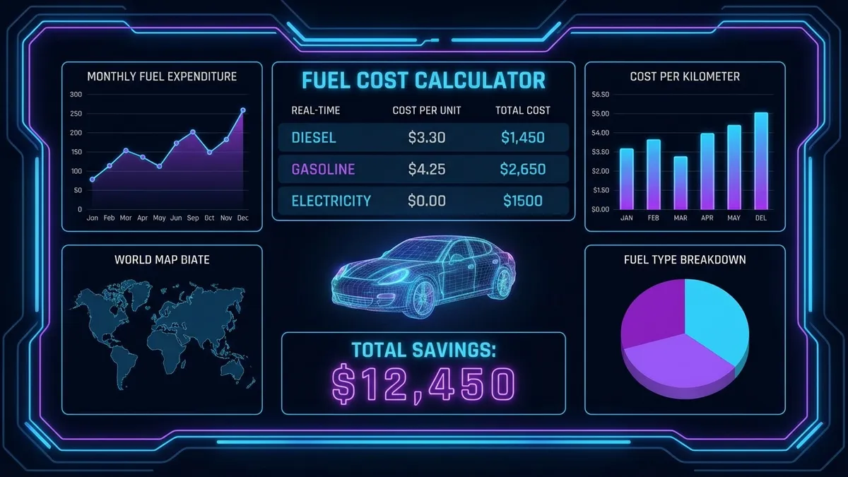 High tech fuel cost calculator dashboard, cost analysis charts, dark mode, neon accents
