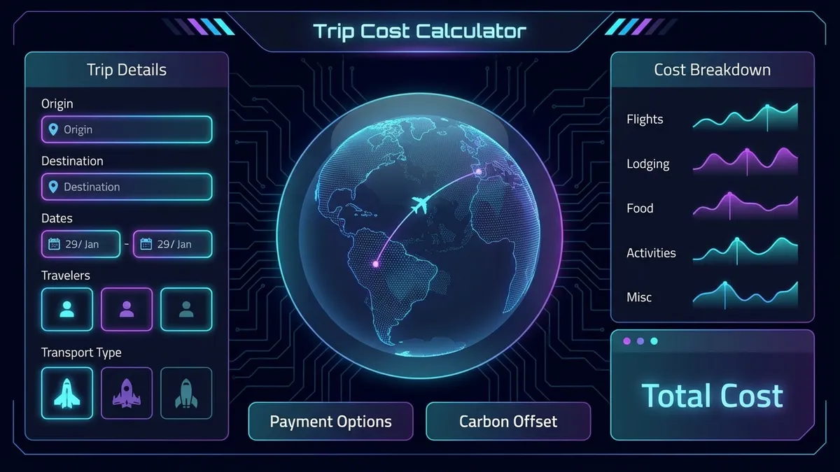 Futuristic dashboard displaying road trip route, fuel cost analysis, and budget breakdown in a sleek dark mode interface