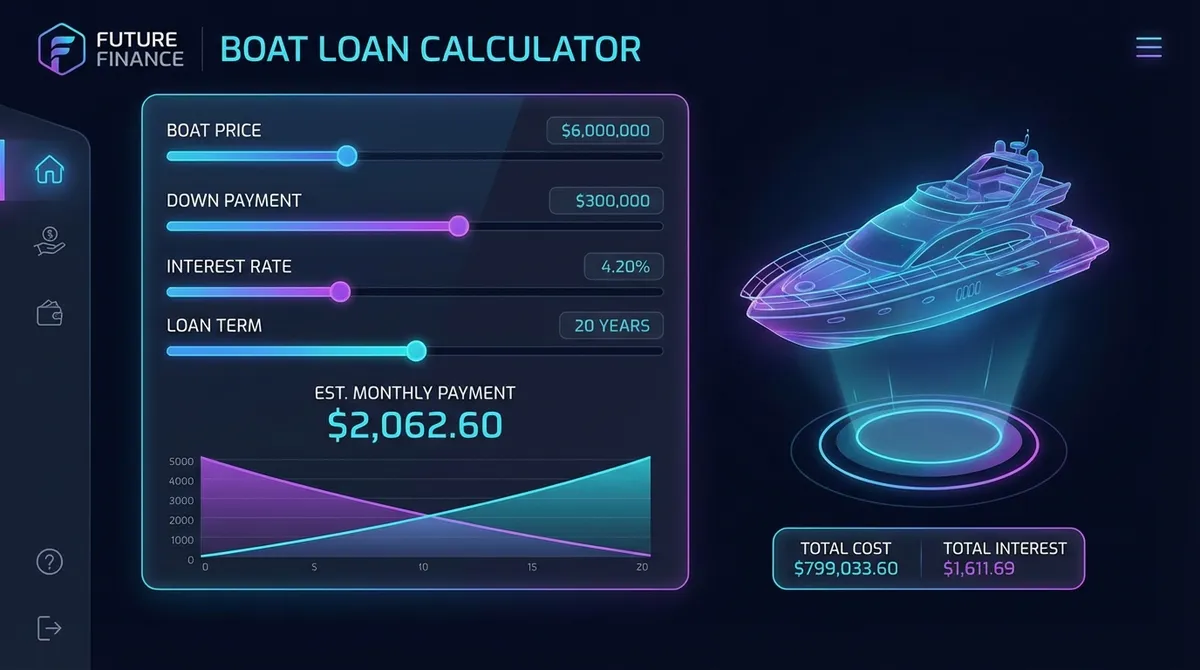 Boat Loan Calculator interface, sleek modern dashboard, futuristic style, ui design, high resolution, dark mode, neon accents