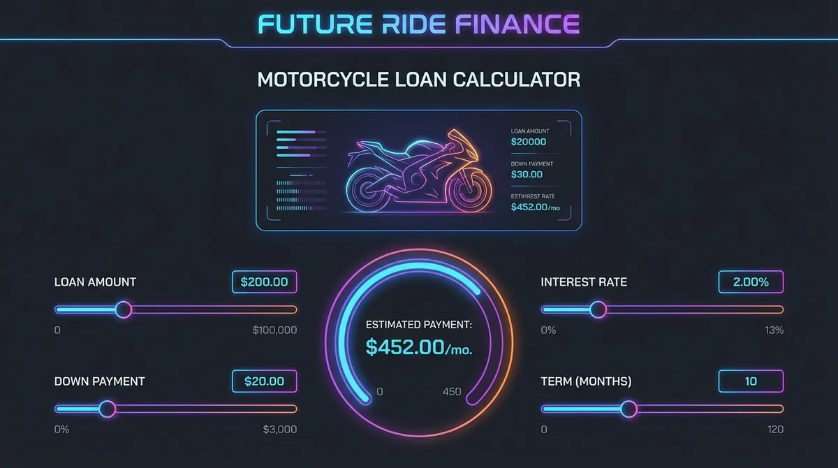 Motorcycle Loan Calculator interface, sleek modern dashboard, futuristic style, ui design, high resolution, dark mode, neon accents